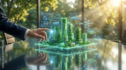 Businessman interacting with holographic smart city model with green buildings