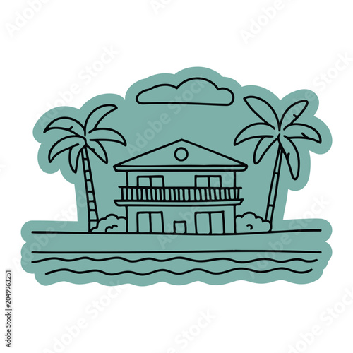 Beachfront Residence with Balconies Sticker Doodle Illustration