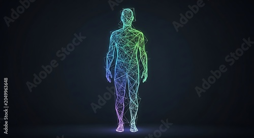 3D rendered humanoid figure in glowing digital mesh.