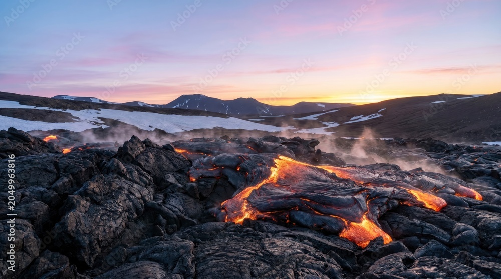 Naklejka premium Molten lava flowing over volcanic rock in iceland at sunset with steam rising and snowcovered mountains in the background