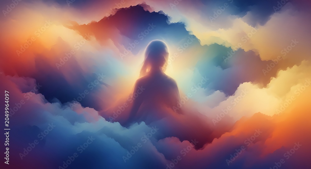 Obraz premium Silhouette of person gazing at colorful sunset clouds.
