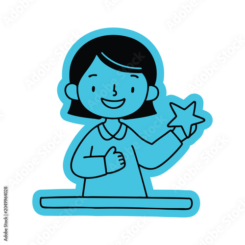 Child Holding Gold Star Reward Sticker Doodle Illustration