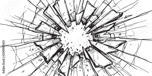 Photos Black and white sketch of shattered glass with a hole in the center