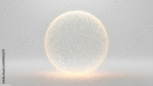 Glowing particles forming hollow sphere outline in minimalist soft light composition
