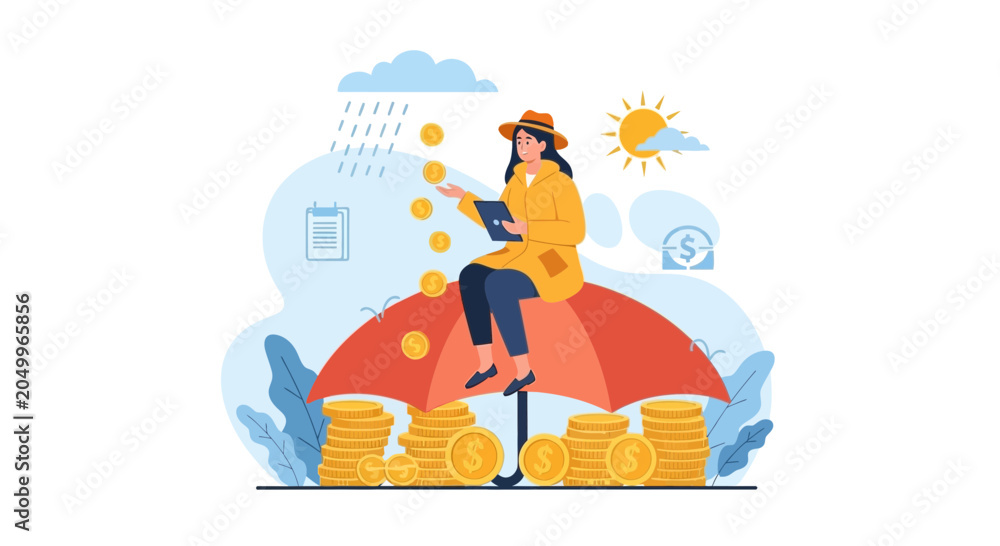 Obraz premium Woman sitting on umbrella protected from raining money, financial security and investment concept