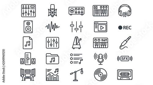 Music production vector icons depict various audio equipment and tools