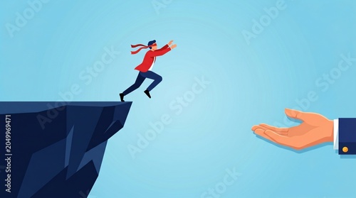 Leap of Faith: A person in a red shirt leaps from a cliff, reaching out towards an outstretched hand offering support, symbolizing trust and guidance.
