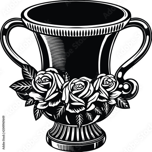 Black and white trophy cup, floral ornament, roses, vintage illustration, vector graphic