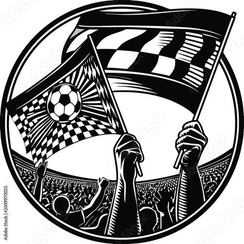 Sports flags, soccer and racing checkered banners, waving hands, crowd background, black and white vector illustration