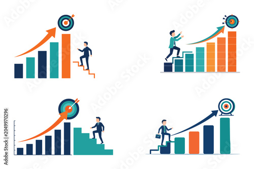 Business growth and success concept vector set with businessman climbing stairs to hit target
