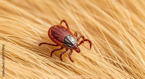 Macro close up of a Red tick crawling on golden animal fur