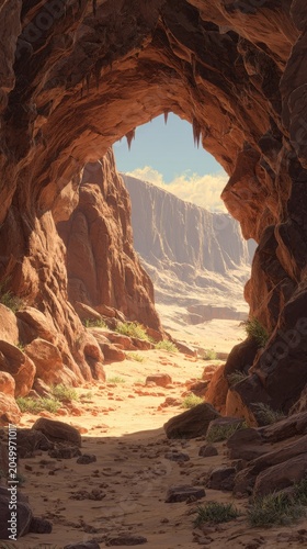 Scenic view of desert landscape from inside a rocky cave