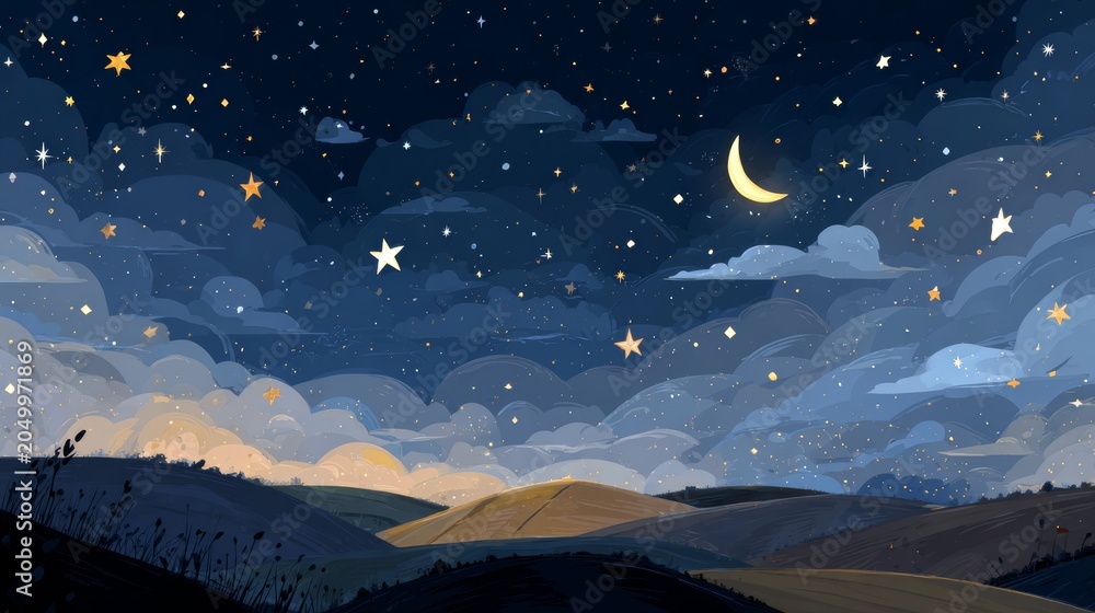 Fototapeta premium Whimsical night sky with stars and crescent moon over rolling hills