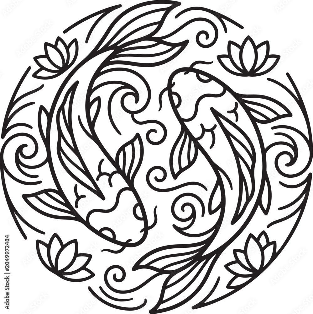 Obraz premium Japanese Koi Fish Circle Black and White Line Art