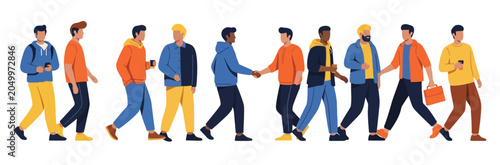 Foto Diverse group of men interacting in daily life activities including walking handshake conversation business meeting and casual social professional connection