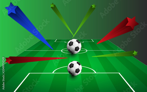 Soccer field view with black and white balls and colorful motion star trail effect.