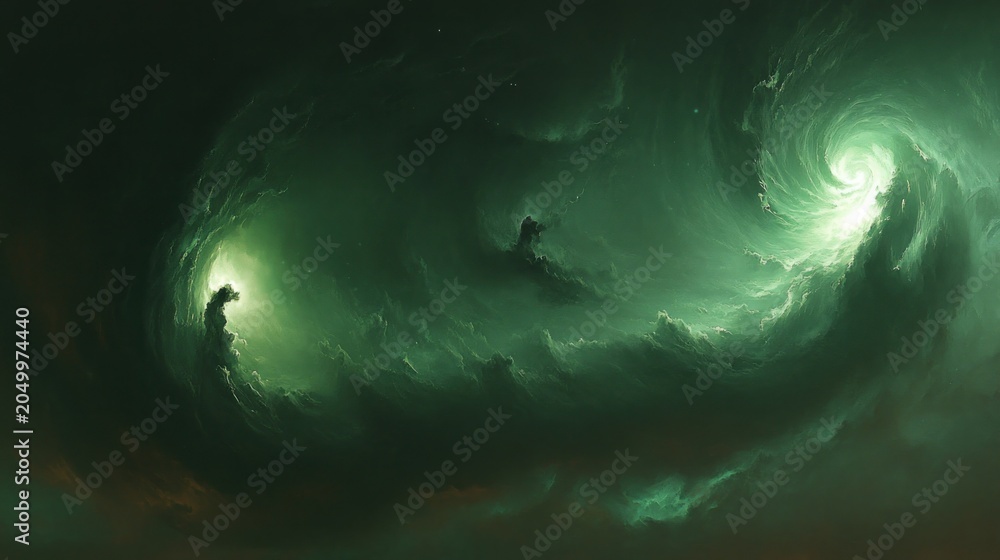 Fototapeta premium Abstract swirling green nebula in deep space with bright light.