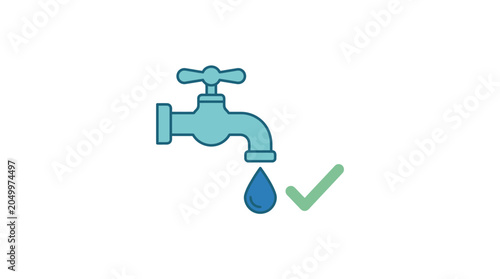 Water faucet with drop and checkmark icon, clean water concept