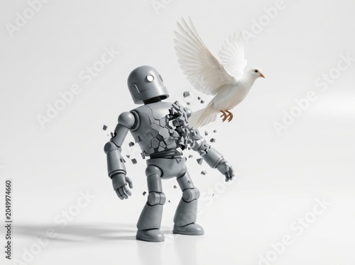 Robot shattered by flying white dove freedom concept