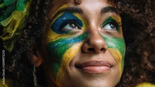 Close up of hopeful Brazilian woman fan celebrating with painted cheeks for World Cup, Generative Ai