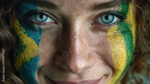 Close up of hopeful Brazilian woman fan celebrating with painted cheeks for World Cup, Generative Ai