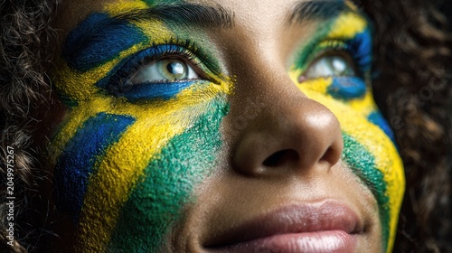 Close up of hopeful Brazilian woman fan celebrating with painted cheeks for World Cup, Generative Ai