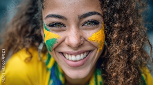 Close up of hopeful Brazilian woman fan celebrating with painted cheeks for World Cup, Generative Ai