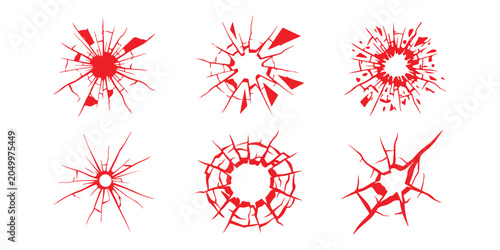 Konstfotografi Set of broken glass cracks and shattered hole patterns in red and black colors