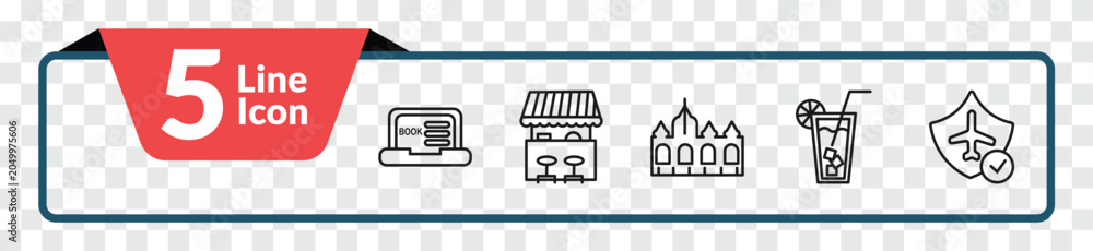 Obraz premium outline travel icons set - online booking, food stand, lemonade, travel insurance. editable vector for web and mobile ui