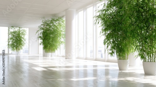Bright Modern Indoor Space with Large Windows and Green Plants for Office and Home Decor