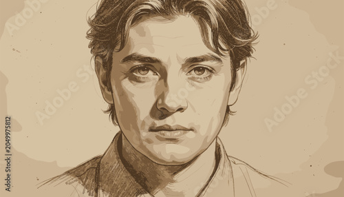 Portrait of a Man with Thoughtful Expression in Sepia Tone Sketch
