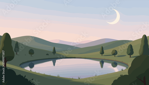 Serene Crescent Moon Reflecting over Tranquil Pond in Rolling Hills