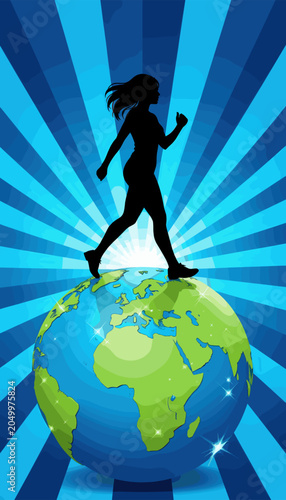 Silhouette of Woman Running Atop Globe with Radiant Blue Background