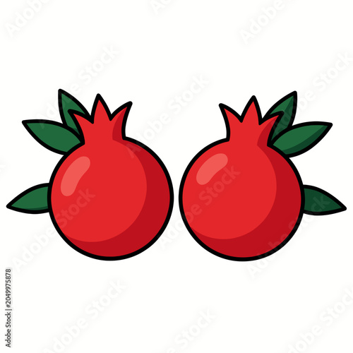 Two Red Pomegranates with Green Leaves Illustration