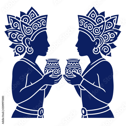 Two Stylized Figures in Traditional Headdresses Exchanging Patterned Jars