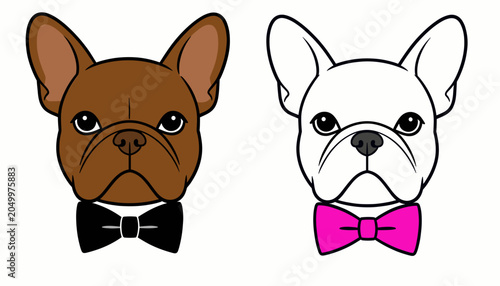 Two French Bulldog Heads Wearing Bow Ties Illustration