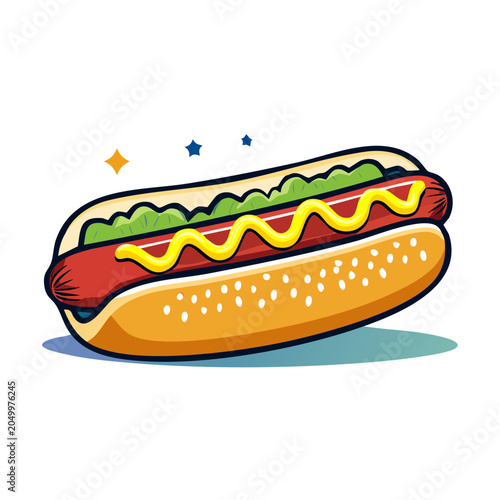 Cartoon hot dog with mustard and relish