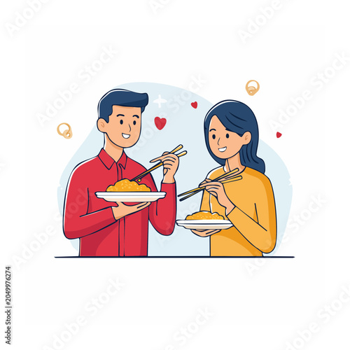 Couple enjoying a meal with chopsticks