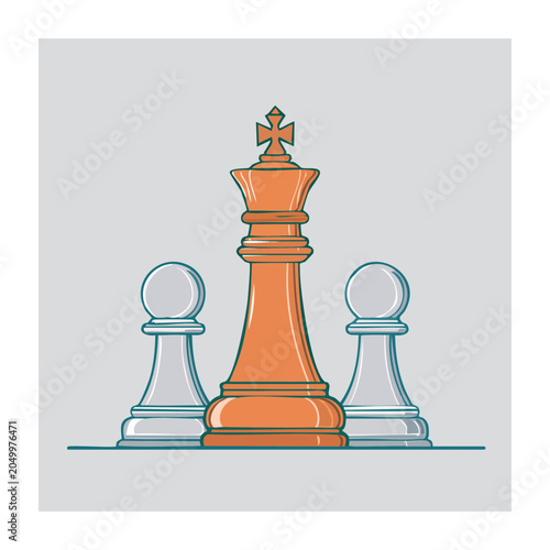Orange chess king with two pawns on gray background