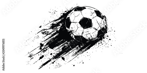 Foto Black and white soccer ball with dynamic ink splatter effect moving fast