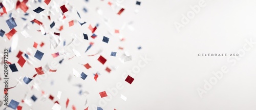 USA 250 anniversary sale banner with red, white, blue confetti on left, Celebrate 250 text on right, ample copy space, patriotic promotion background for independence event marketing and retail