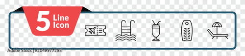 Foto outline summer icons set - plane ticket, swimming pool ladder, bodyboard, sunbed