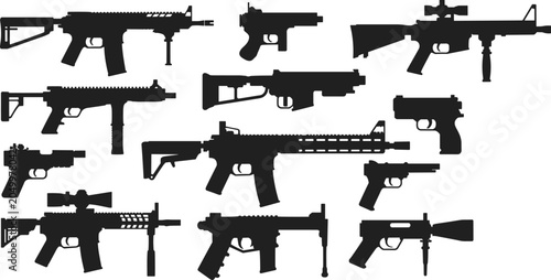 Canvastavla Black firearm silhouettes featuring rifles, carbines, and pistols, showcasing we
