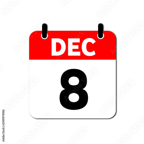 December 8th Daily Calendar Icon Vector - Flat Red and White Date Page Symbol for Business Schedules, Event Planning, Deadlines, and Time Management Apps