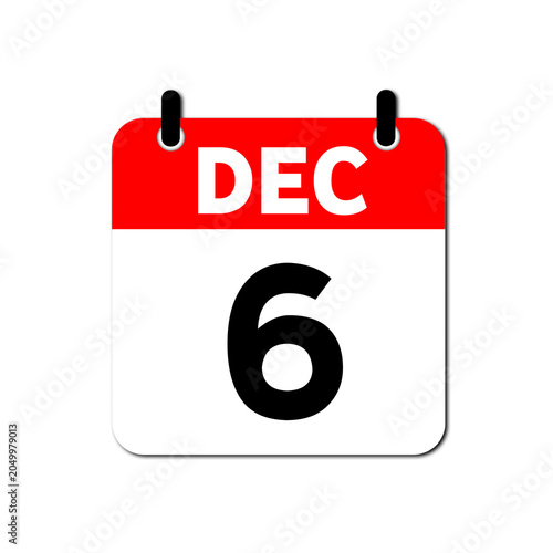 December 6th Daily Calendar Icon Vector - Flat Red and White Date Page Symbol for Business Schedules, Event Planning, Deadlines, and Time Management Apps