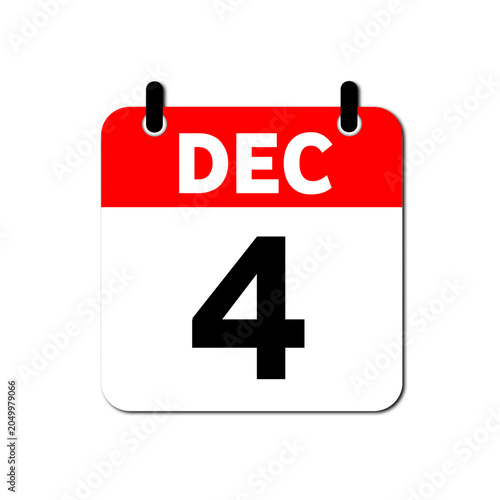 December 4th Daily Calendar Icon Vector - Flat Red and White Date Page Symbol for Business Schedules, Event Planning, Deadlines, and Time Management Apps