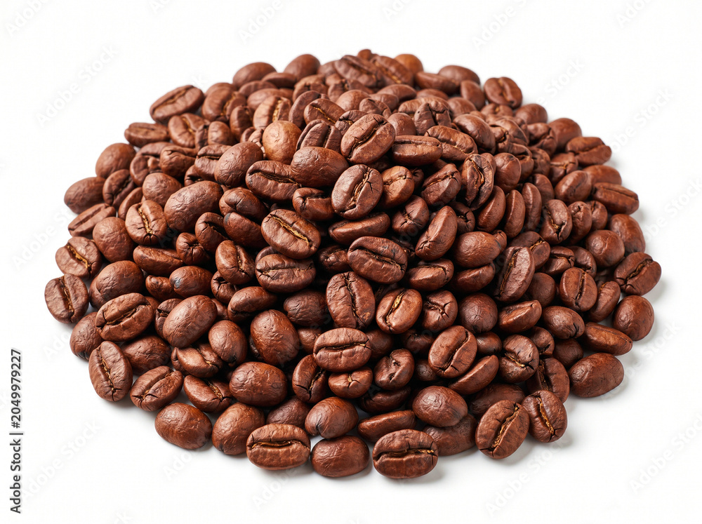 Obraz premium Pile of Roasted Coffee Beans on White Background