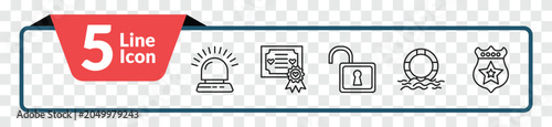 Fotografie outline security icons set - flasher, marriage certificate, float, police shield