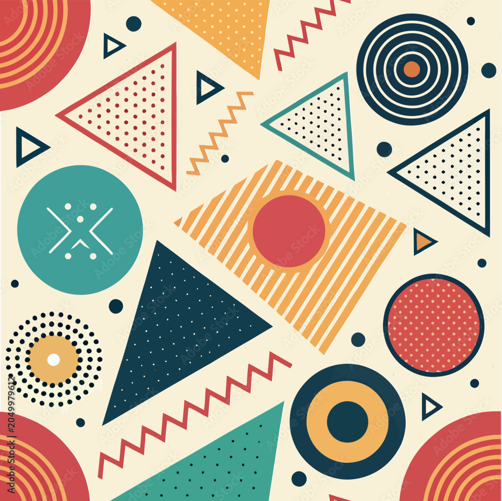 Obraz premium Memphis Style Abstract Geometric Pattern – Retro Colorful Shapes Seamless Background