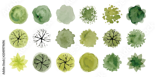 Tableau sur toile Set of green trees top view icons for landscape design architectural plans